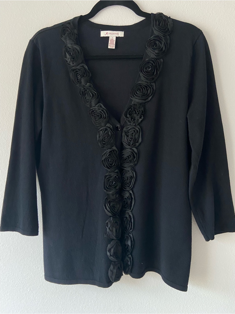 JM Collection Black Rosette Floral Trim Cardigan Sweater Size M